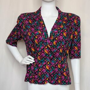 Vintage 80s Bold Abstract Pattern Short Sleeve Blazer Jacket Orange Teal Purple